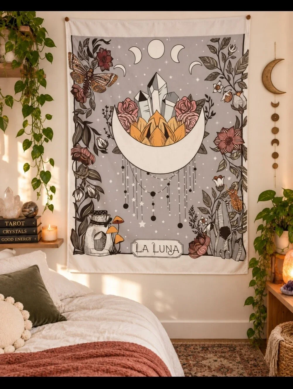 La Luna Celestial Moon Crystal Floral Tapestry 40x60 Witchy Boho Decor